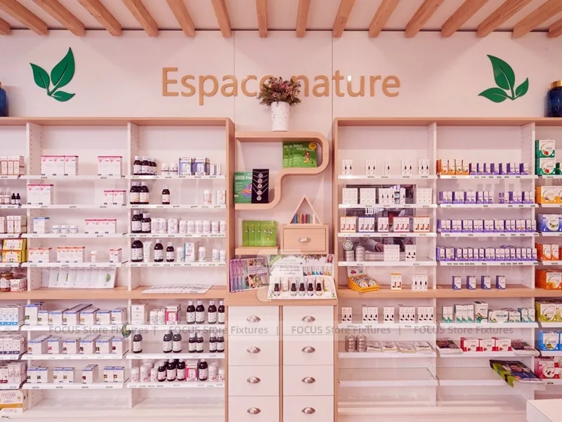 Natural Wood Pharmacy Wellness Shelving Interior