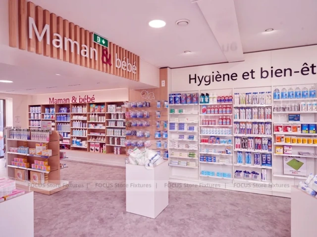 Natural Wood Pharmacy Wellness Shelving Interior