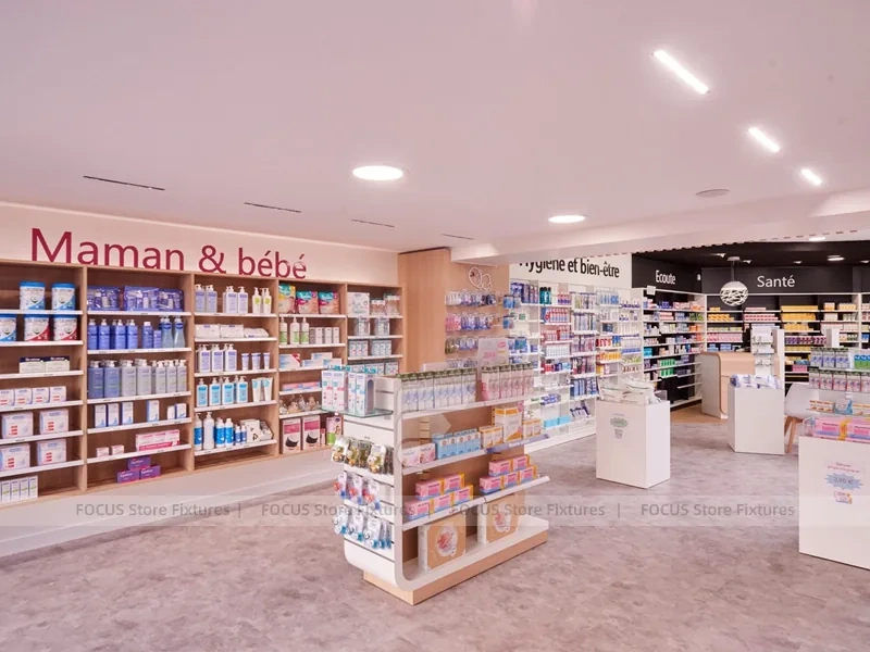 Natural Wood Pharmacy Wellness Shelving Interior