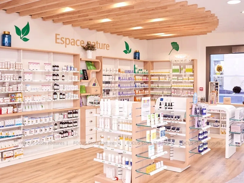 Natural Wood Pharmacy Wellness Shelving Interior