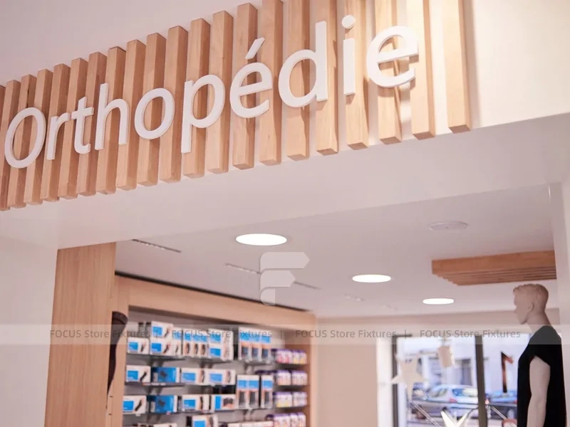 Natural Wood Pharmacy Wellness Shelving Interior