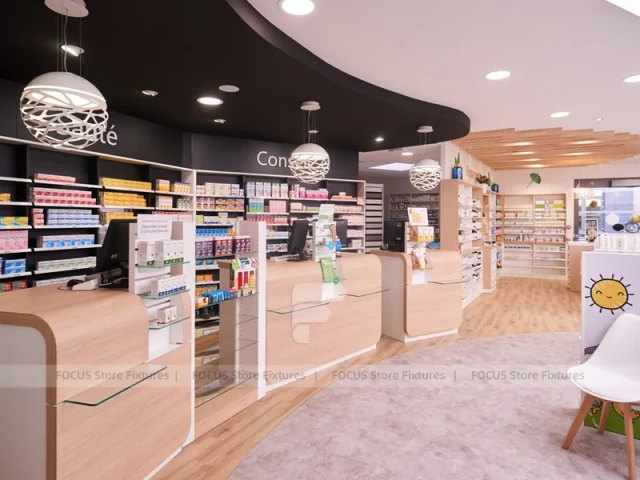 Natural Wood Pharmacy Wellness Shelving Interior