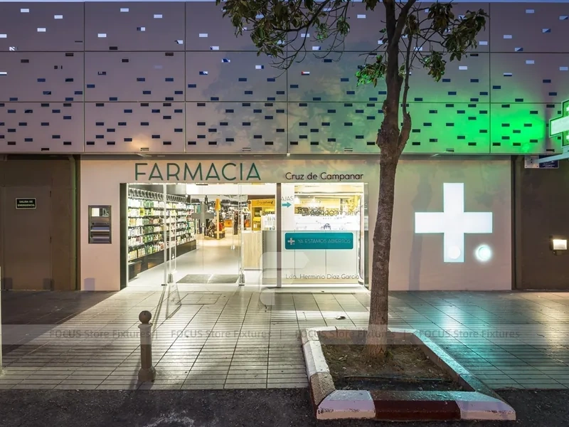 Night Facade Pharmacy Storefront with Wood Counter Interior