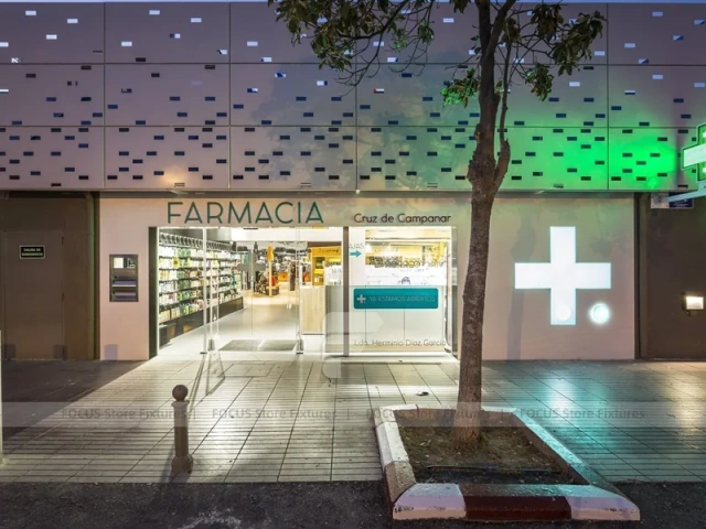 Night Facade Pharmacy Storefront with Wood Counter Interior