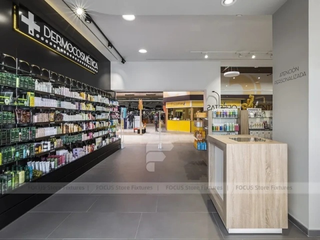 Night Facade Pharmacy Storefront with Wood Counter Interior