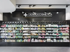 Night Facade Pharmacy Storefront with Wood Counter Interior