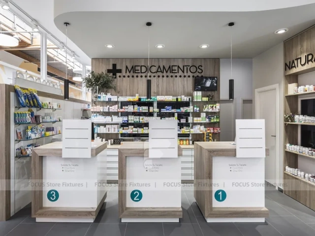 Night Facade Pharmacy Storefront with Wood Counter Interior