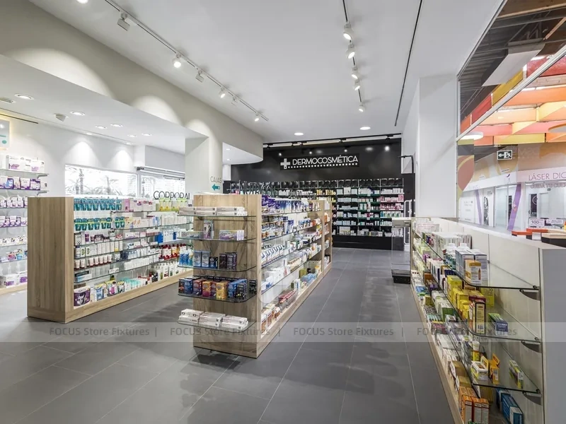 Night Facade Pharmacy Storefront with Wood Counter Interior