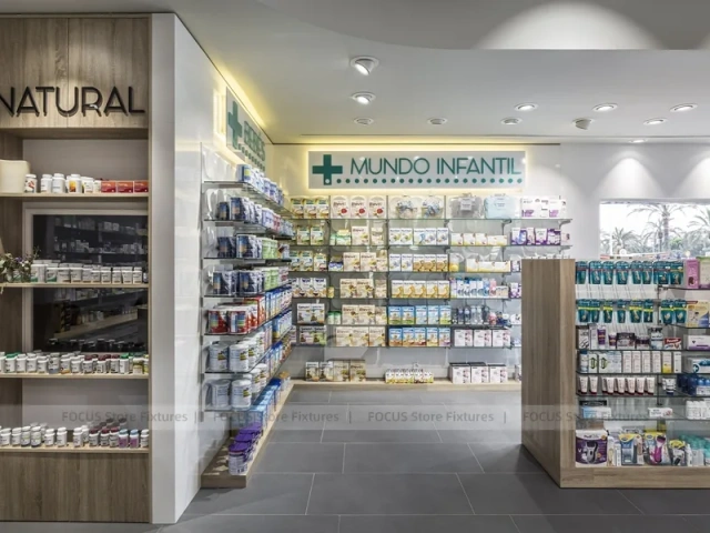 Night Facade Pharmacy Storefront with Wood Counter Interior