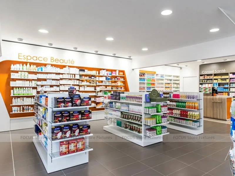 Orange Beauty Pharmacy Wall Shelving and Curved Counter