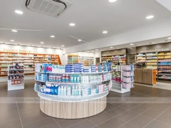 Orange Beauty Pharmacy Wall Shelving and Curved Counter