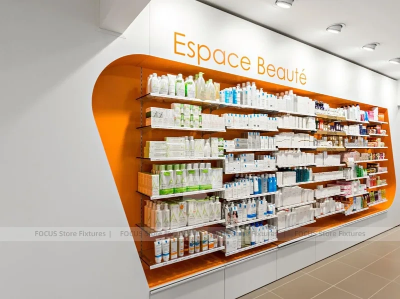 Orange Beauty Pharmacy Wall Shelving and Curved Counter