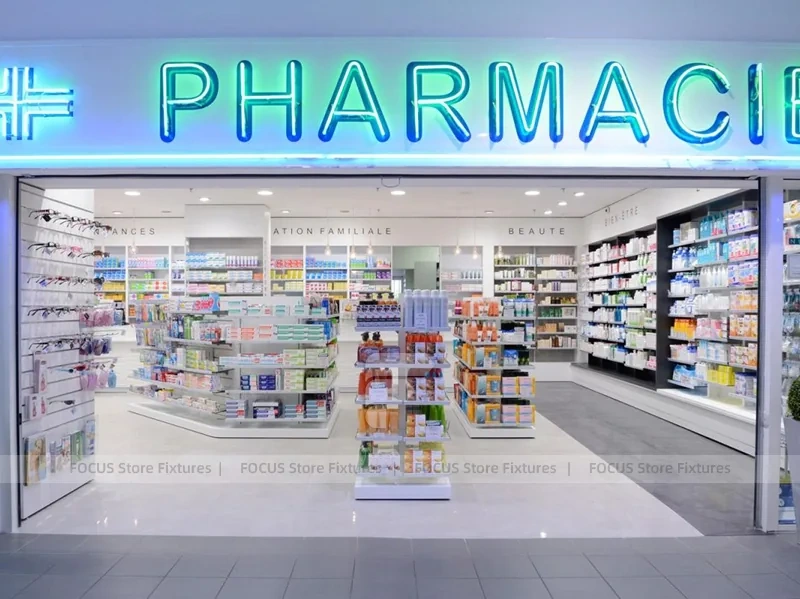 Orange Beauty Pharmacy Wall Shelving and Curved Counter