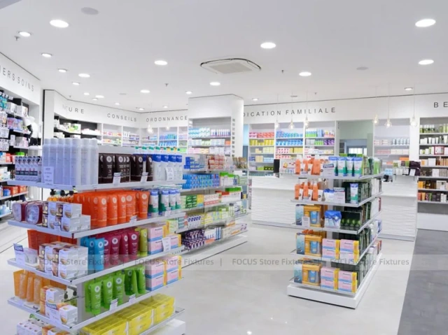 Orange Beauty Pharmacy Wall Shelving and Curved Counter