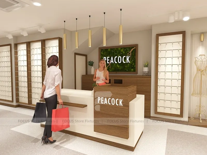 Peacocks Wood Reception Counter Display