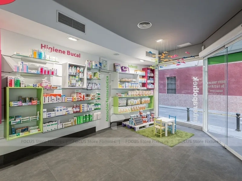 Pink Accent Pharmacy Checkout Counters and Wall Shelving