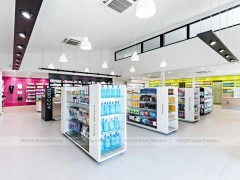 Pink Accent Pharmacy Gondola and Wood Checkout Counter