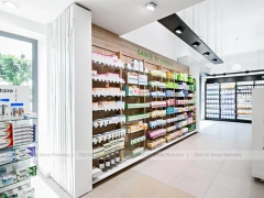 Pink Accent Pharmacy Gondola and Wood Checkout Counter