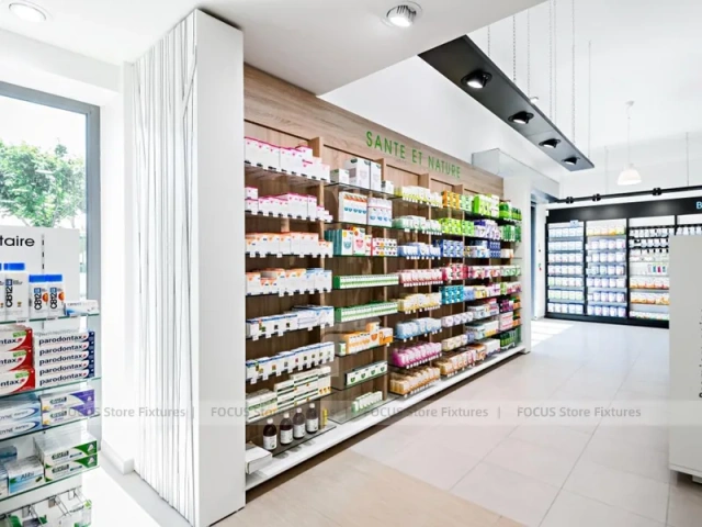 Pink Accent Pharmacy Gondola and Wood Checkout Counter