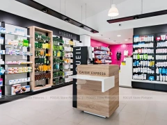 Pink Accent Pharmacy Gondola and Wood Checkout Counter