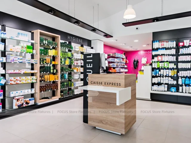 Pink Accent Pharmacy Gondola and Wood Checkout Counter