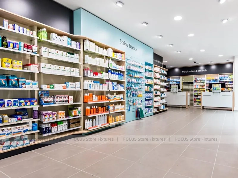 Pink Accent Pharmacy Gondola and Wood Checkout Counter