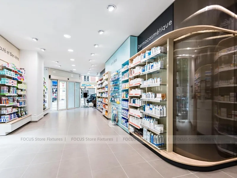 Pink Accent Pharmacy Gondola and Wood Checkout Counter