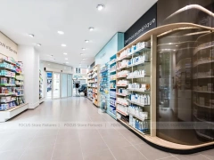 Pink Accent Pharmacy Gondola and Wood Checkout Counter