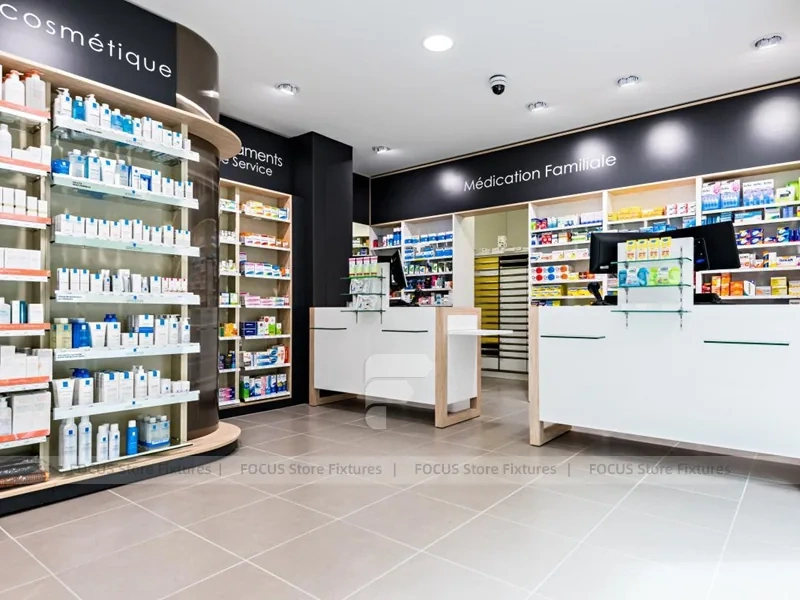Pink Accent Pharmacy Gondola and Wood Checkout Counter