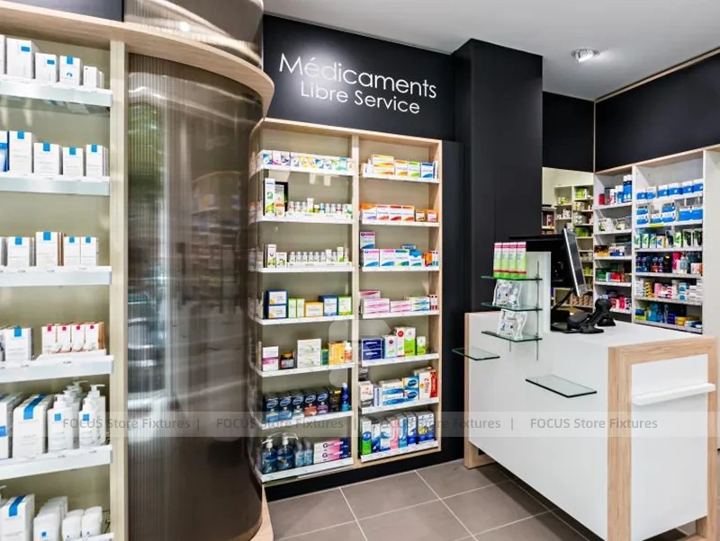 Pink Accent Pharmacy Gondola and Wood Checkout Counter