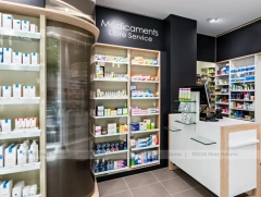 Pink Accent Pharmacy Gondola and Wood Checkout Counter