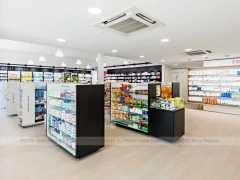 Pink Accent Pharmacy Gondola and Wood Checkout Counter