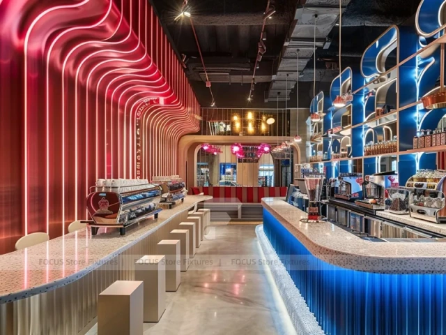 Pink Blue Beverage Bar Seating Layout