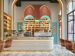 Pink Blue Beverage Bar Seating Layout