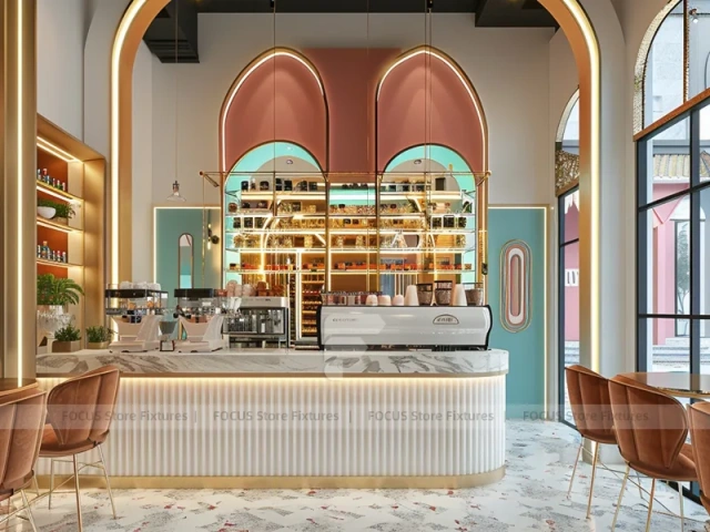Pink Blue Beverage Bar Seating Layout