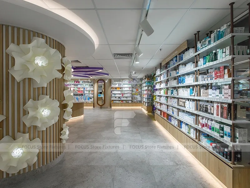 Purple Accent Pharmacy Wall Shelving with Floral Partitions