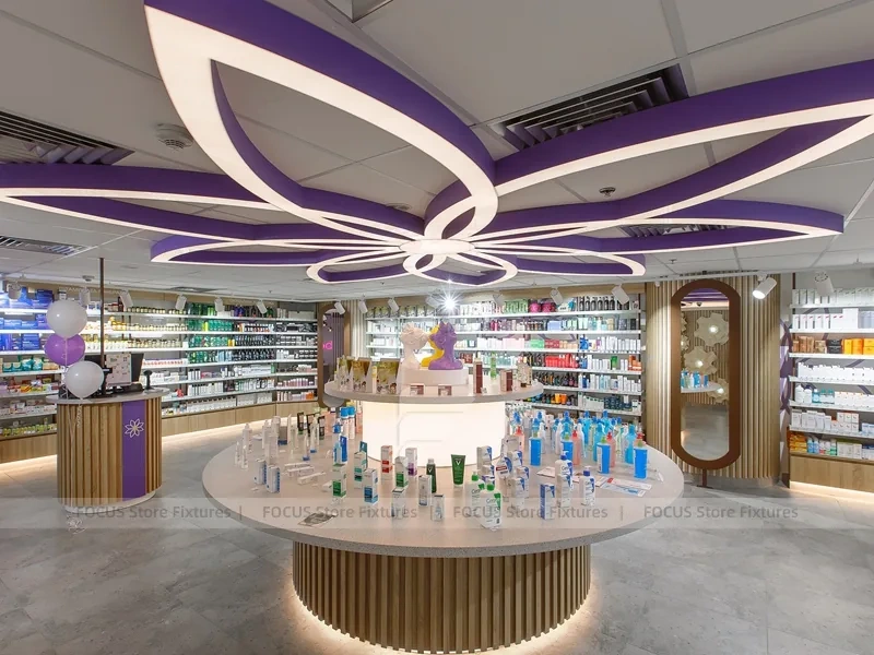 Purple Accent Pharmacy Wall Shelving with Floral Partitions