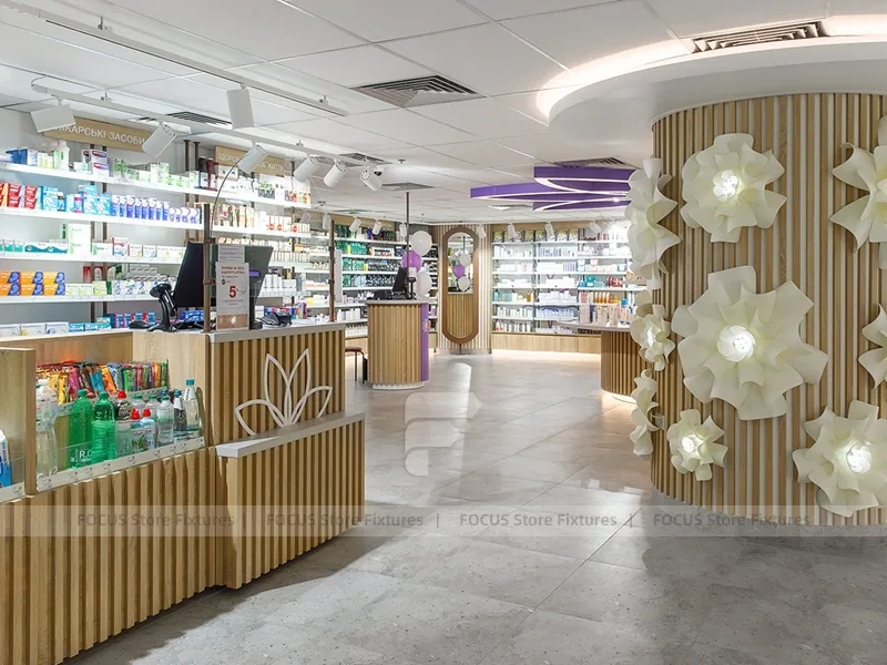 Purple Accent Pharmacy Wall Shelving with Floral Partitions