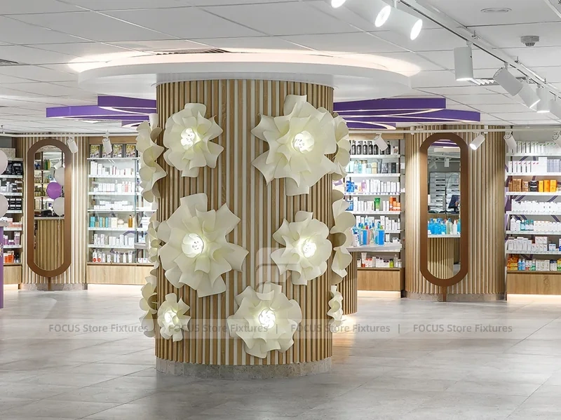 Purple Accent Pharmacy Wall Shelving with Floral Partitions