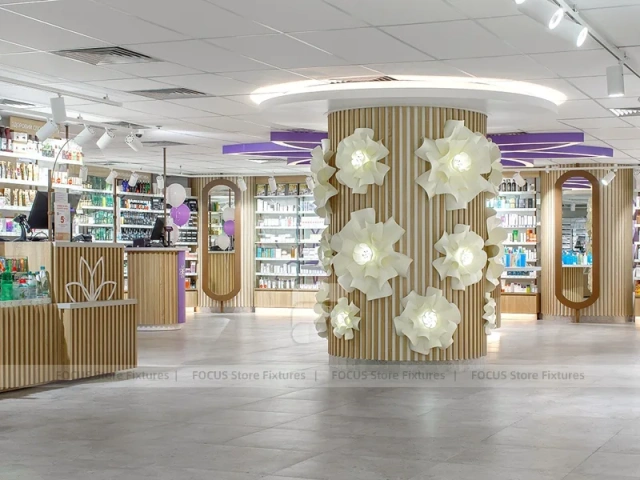 Purple Accent Pharmacy Wall Shelving with Floral Partitions