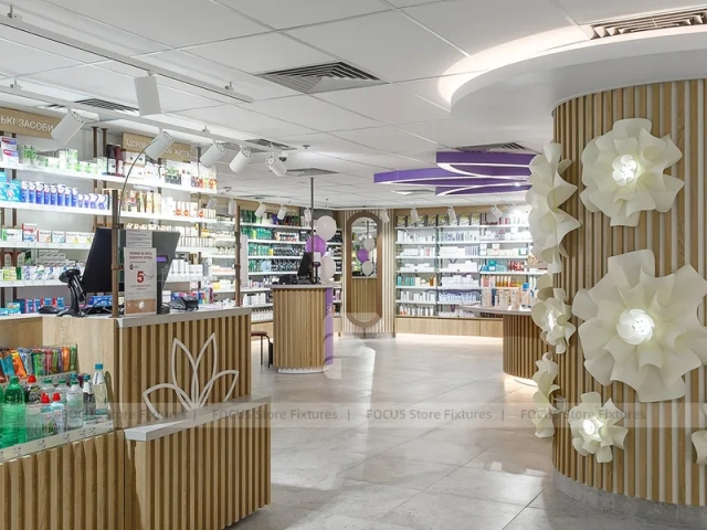 Purple Accent Pharmacy Wall Shelving with Floral Partitions