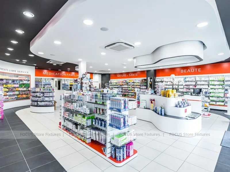 Red Accent Pharmacy Gondola and Curved Checkout Counter