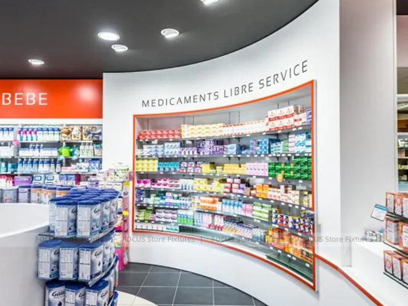 Red Accent Pharmacy Gondola and Curved Checkout Counter