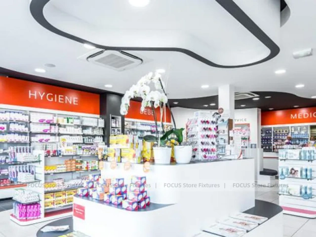 Red Accent Pharmacy Gondola and Curved Checkout Counter