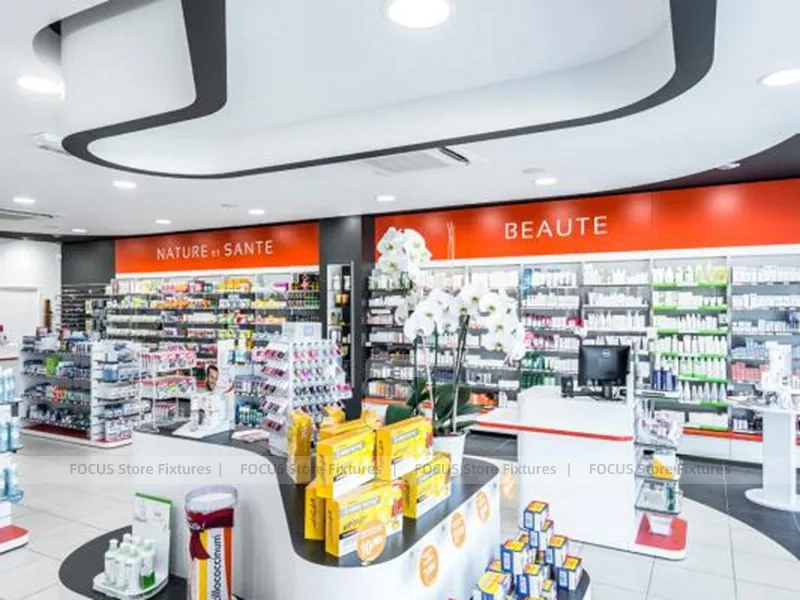 Red Accent Pharmacy Gondola and Curved Checkout Counter