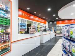 Red Accent Pharmacy Gondola and Curved Checkout Counter