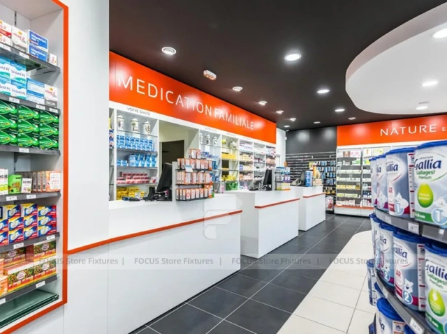 Red Accent Pharmacy Gondola and Curved Checkout Counter