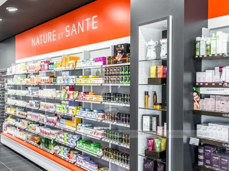 Red Accent Pharmacy Gondola and Curved Checkout Counter