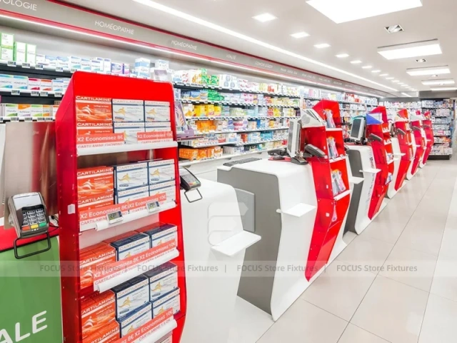 Red Accent Pharmacy Gondola and Wall Shelving Layout