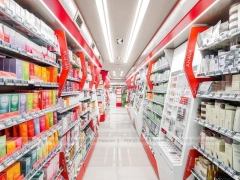 Red Accent Pharmacy Gondola and Wall Shelving Layout